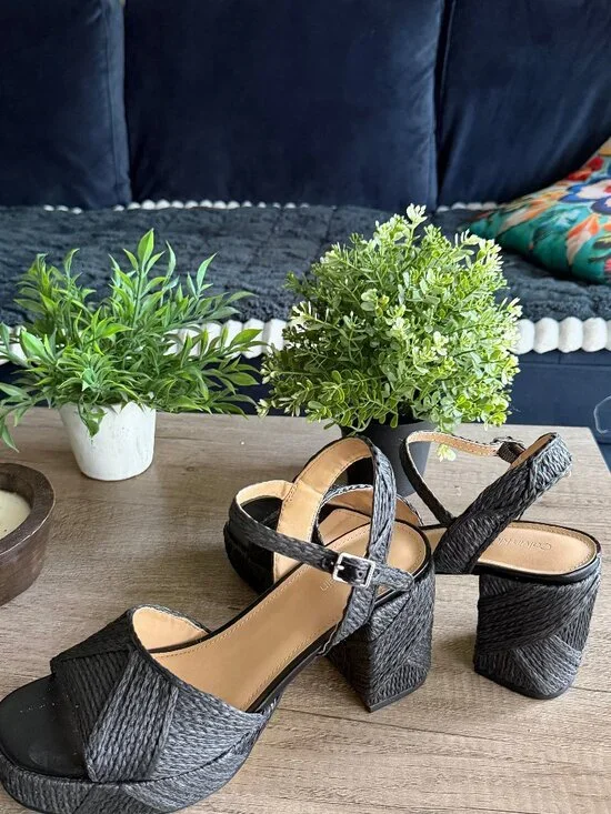 Calvin Klein Black Woven Block Heel Sandals - Picture 2 of 2